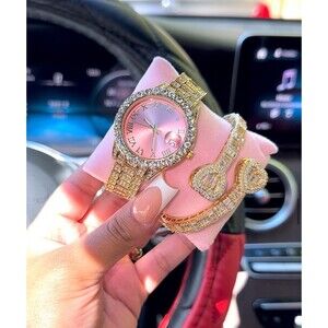 Gold and pink watch bracelet heart set 7inch